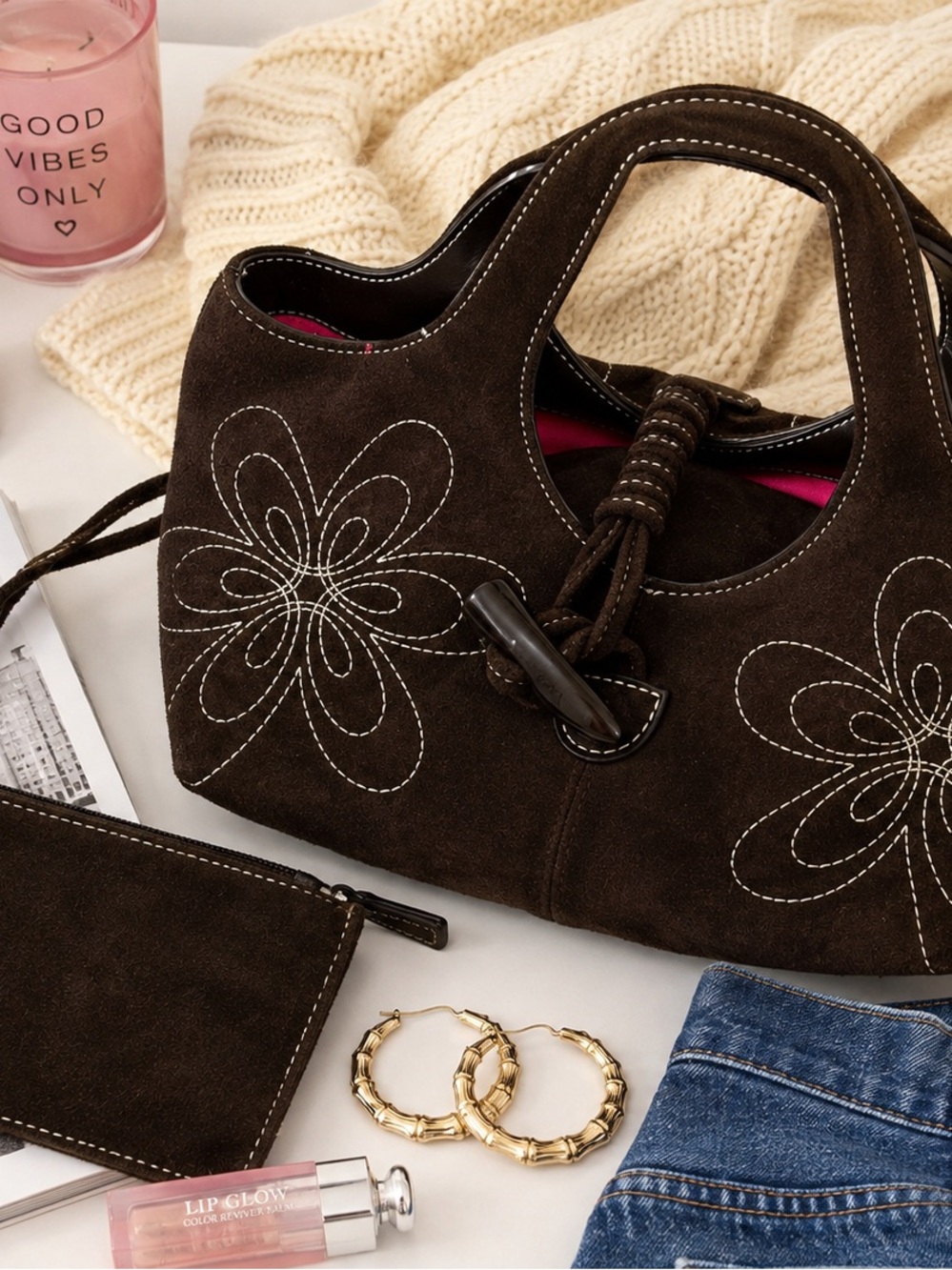 Donna Dixon Brown Suede Floral Stitch Handbag Purse Attached Card Holder